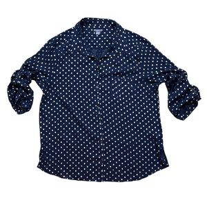 Aerie Navy & Gold Polka Dot Blouse Top Sheer Button Up Size XL EUC Collared